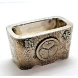 Oriental silver marked pot with leaf decoration & character marks - 3.2cm high x 5.5cm long & 36g