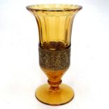 Moser amber coloured glass vase with warrior figural frieze - 18.5cm diameter ~ 4 small nibbles to