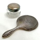 Silver lidded jar (9.5cm diameter) t/w silver cased hand mirror (a/f) - total weight 630g (lid 62g &