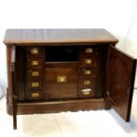 Antique large floor standing oak collectors / opticians cabinet with 11 drawers & cupboards to both