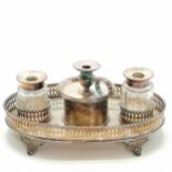 Antique silver plated desk stand with pierced gallery detail (23cm across) with lid to desk tidy