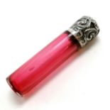 Silver topped cranberry glass scent bottle - 7cm long & in overall good used condition