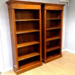 Pair of tall inlaid bookcases with swag detail to the tops and adjustable shelves, some scuff marks.