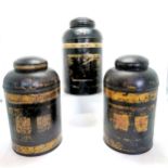3 x antique tole lidded tea tin chinoiserie jars / cannisters with original paint finish - 2 by