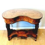 Continental marquetry kidney shaped dressing table, with later glass top. Pastoral scene to the top,