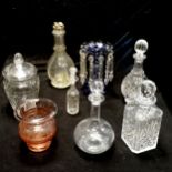 Qty of glassware inc 4 decanters (inc 4 chamber), cut glass pink vase, blue lustre etc - all in good