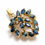 9ct hallmarked gold marquise blue stone & diamond pendant - 2.5cm drop & 3g total weight