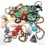 Qty of natural bead necklaces inc twig coral, bone etc t/w twisted horn & wirework bangle