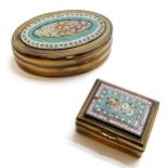 2 x brass boxes with micro mosaic decorated panels & cloth lining - largest 8.5cm ~ smallest has