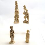 4 x antique hand carved ivory okimono figures - tallest 19cm ~ man with puppet has repairs & tallest