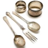 1784 silver teaspoon by William Sumner (12.5cm long), silver pickle fork, 2 napkin rings & a