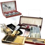 Qty of mostly boxed cutlery inc knives, 2 carving sets, fish knives/ forks, crumb scoop etc -