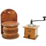 C1850 carved wooden wall mounted salt box 25cm tall T/W a French antique coffee grinder. Both in