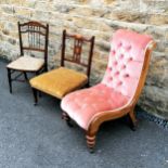 Pink upholstered nursing chair T/W 2 inlaid bedroom chairs - tallest 84cm