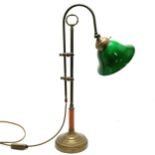 Brass adjustable lamp base with green glass shade - height to handle 59cm