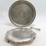 Royal selangor pewter tray (30cm diameter), EPNS salver on 3 ball / claw feet & EPNS sugar nips
