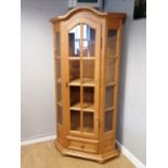 Tall glazed pine cupboard with drawer to base with key 180cm high x 92cm wide x 44cm deep in good