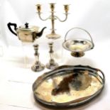 Qty of silver plated wares - oval gallery tray (47cm across), candelabra, pair of candlesticks,