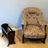 Antique mahogany button backed armchair t/w repro mahogany magazine rack with lions head detailed