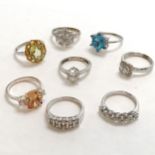 8 x silver stone set rings inc blue star shaped stone - total weight 33g
