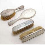 4 piece silver dressing table set - 3 brushes + hand mirror (28cm long) - in used condition ~