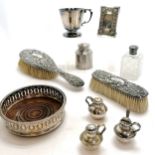 Antique silver backed hairbrush & clothes brush t/w silver topped hobnail cut glass scent bottle -