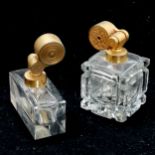 2 x Marcel Franck perfume push button atomisers with gilt metal mechanism to top - tallest 10cm ~