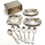 3 silver ashtrays (square 9cm), set of 6 silver teaspoons & silver cased cigarette box with loaded