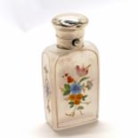 Antique opaque glass scent bottle with silver hinged lid & hand painted floral decoration &