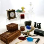 Qty of oddments inc 4 boxes, Quartz clock, cased opera glasses, Chillagoe marble kangaroo deskweight