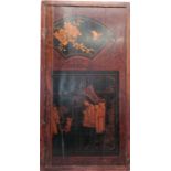 Antique Chinese red lacquer panel with figural detail - separation to panel planks - 94cm x 50cm