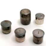 5 x English silver hallmarked religious screw top cylindrical boxes - tallest 3.7cm & total weight