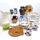 2 stoneware jugs, tallest 22cm, 2 Royal Worcester lidded tureens, egg plate, coffee cans etc. All in