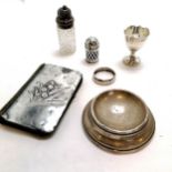 Qty of silver - eggcup, pepper, silver lidded jar (9cm), needles case etc all slight a/f