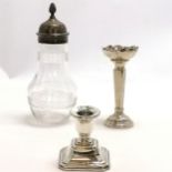 Silver topped glass bodied sugar caster (19cm tall & in good used condition), silver spill vase &