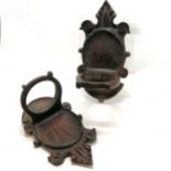 Pair of carved wooden antique curtain tie backs, 35cm high x 19cm wide x 19cm deep. in good used