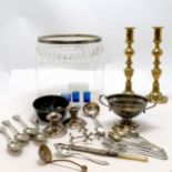 Pair of silver squat candlesticks 1 A/F T/W a pair of brass candlesticks, cutlery, glass bowl etc.
