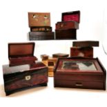 Quantity of antique and vintage boxes including two leather covered jewellery boxes, largest 20cm