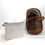 White enamel bread bin T/W a wicker shopping basket. Both in used condition.