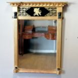 Giltwood and ebonised pier mirror with reverse painted glass and figural detail 72cm wide x 87cm