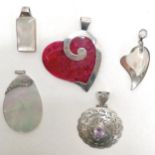 5 x silver pendants - 3 are mother of pearl & 1 set with amethyst ~ heart 7cm drop
