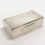 1939 silver cigarette box (with wooden interior & loaded base) by Walker & Hall with inscription