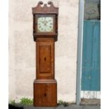 Antique mahogany long cased clock with painted floral / fruit dial, Pendulum and weights. Initials