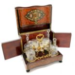 Antique Continental burr walnut and ebonised travelling decanter box with mother of pearl & brass