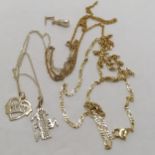 9ct marked gold neck chain (48cm), 2 gold Nana pendants on a chain, odd earring, chain etc - total