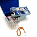 Blue jewellery box containing costume jewellery inc 2 x multi strand rhinestone necklaces, rose