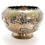 Chinese silver small rose bowl with relief decoration of prunus & birds (marks to base) - 13cm
