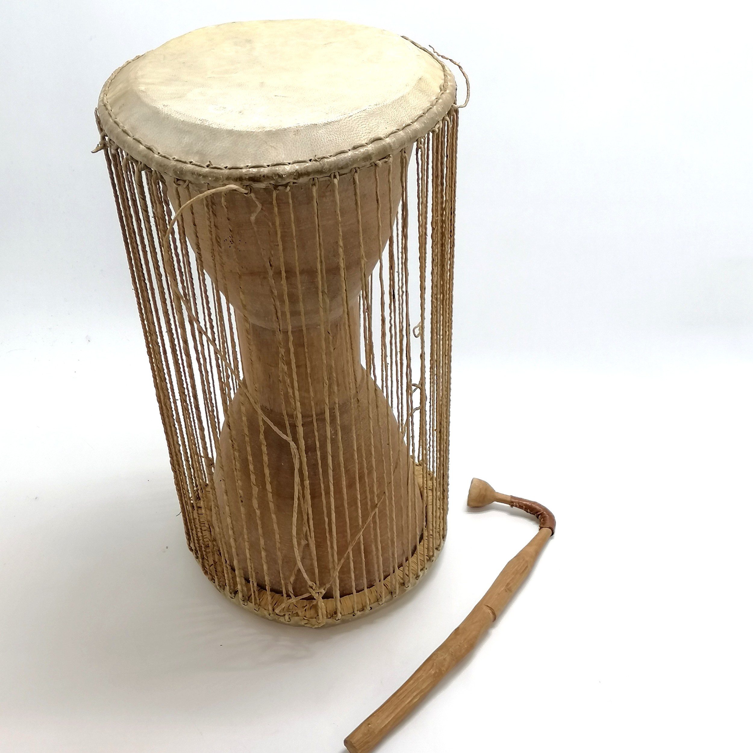 African original talking drum with original drumstick / beater - 42cm high & 21cm diameter