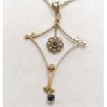 9ct hallmarked sapphire & seed peal Art Nouveau pendant on a 9ct chain. Total weight 2.66g Condition