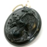 Antique hand carved Whitby jet portrait cameo brooch with gilt metal pin mount & unmarked gold